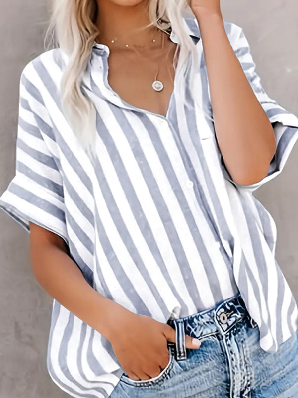 Women's Two-tone Striped Cardigan Short Sleeve Shirt