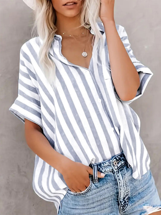 Women's Two-tone Striped Cardigan Short Sleeve Shirt