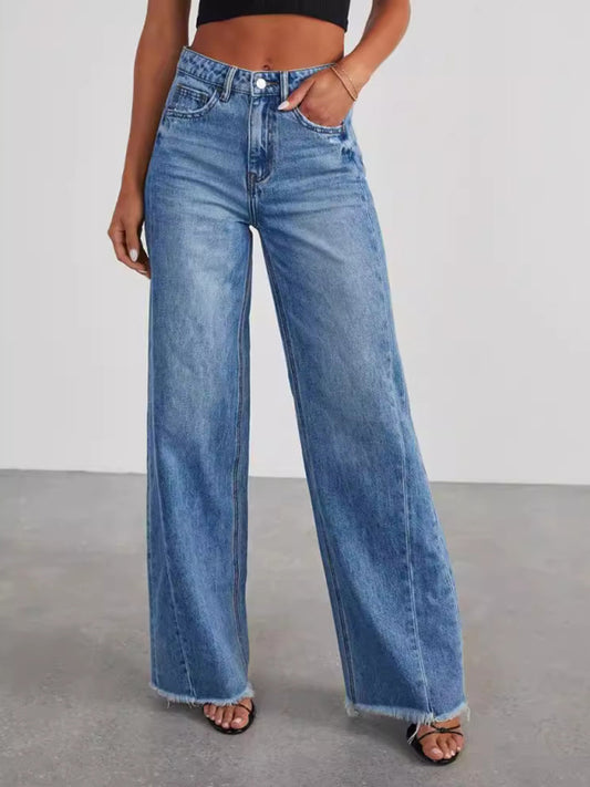 Women's Loose Wide Leg Side Seam Paneled Frayed Hem Jeans