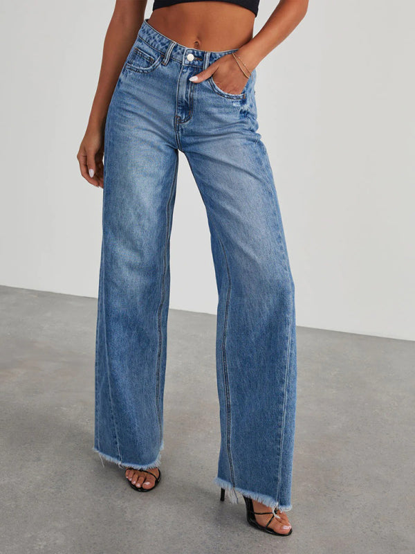 Women's Loose Wide Leg Side Seam Paneled Frayed Hem Jeans