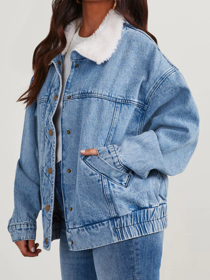 Autumn and Winter Jacket Denim Cotton Loose Fur Collar Large Lapel Double Pocket Quilted Jacket