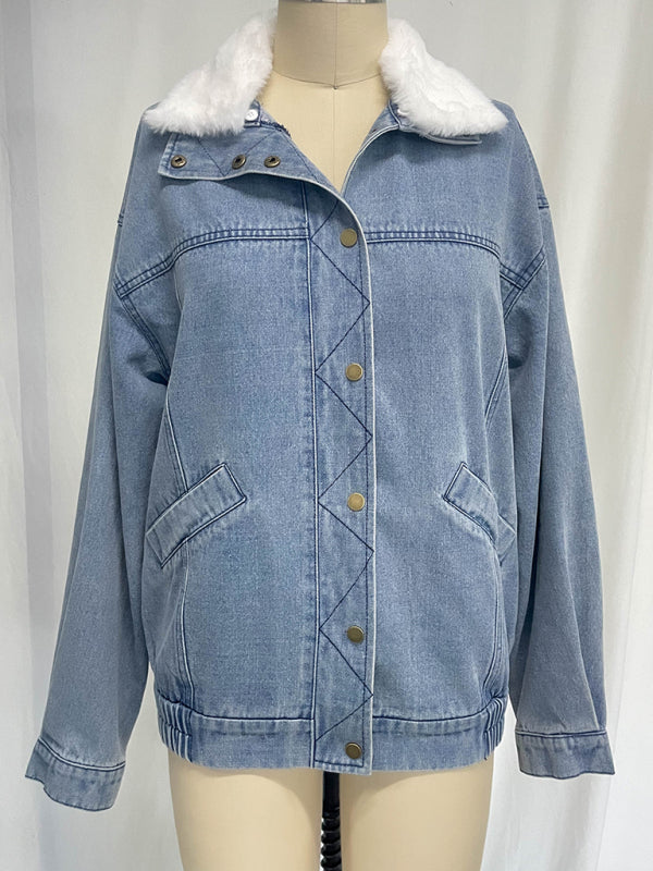 Autumn and Winter Jacket Denim Cotton Loose Fur Collar Large Lapel Double Pocket Quilted Jacket