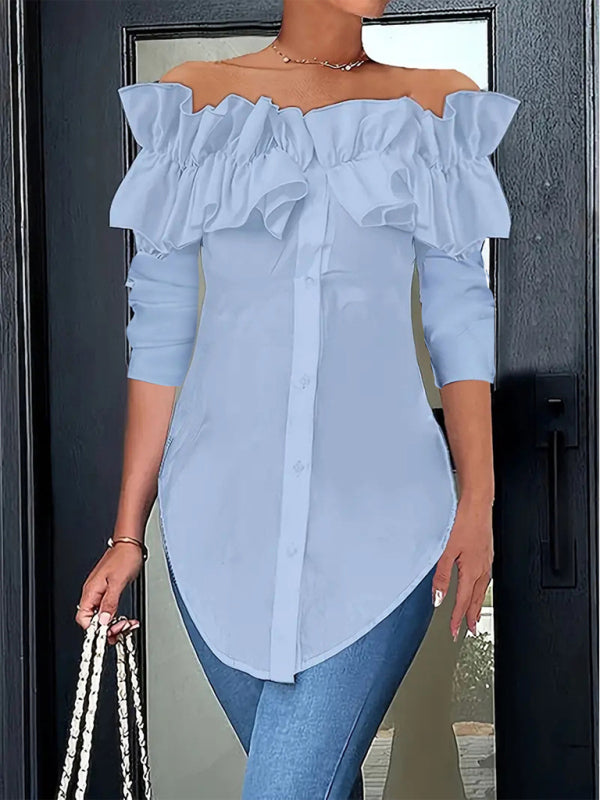 Simple solid color one-shoulder ruffled shirt top