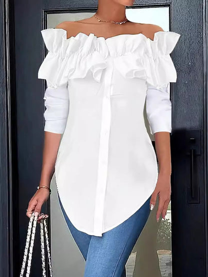 Simple solid color one-shoulder ruffled shirt top