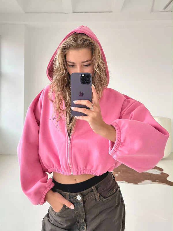 Casual Women's Solid Color Hoodie Long Sleeve Cropped Jacket Zipper Cardigan Sweatshirt