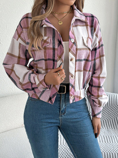 Casual Plaid Long Sleeve Tweed Jacket Coat