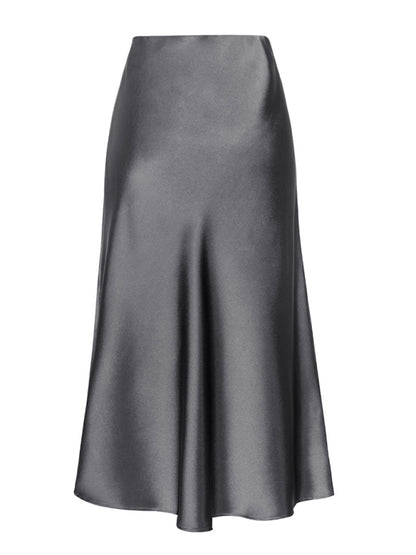 Satin High Waist Solid Color Split Midi Skirt