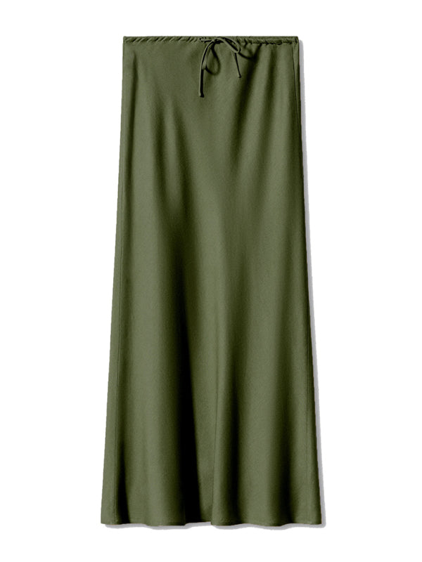 Satin Long Skirt High Waist Drawstring Tie Solid Color Halter Skirt