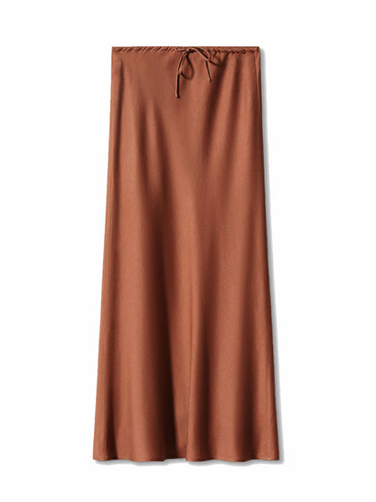 Satin Long Skirt High Waist Drawstring Tie Solid Color Halter Skirt