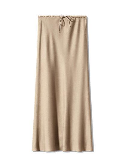 Satin Long Skirt High Waist Drawstring Tie Solid Color Halter Skirt