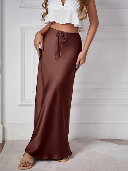 Satin Long Skirt High Waist Drawstring Tie Solid Color Halter Skirt