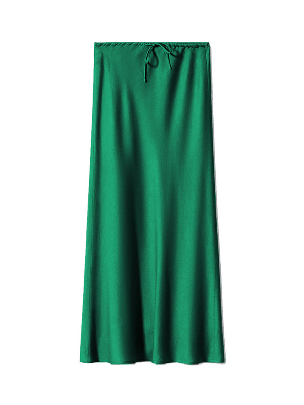 Satin Long Skirt High Waist Drawstring Tie Solid Color Halter Skirt