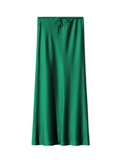 Satin Long Skirt High Waist Drawstring Tie Solid Color Halter Skirt