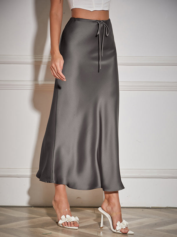 Satin Long Skirt High Waist Drawstring Tie Solid Color Halter Skirt