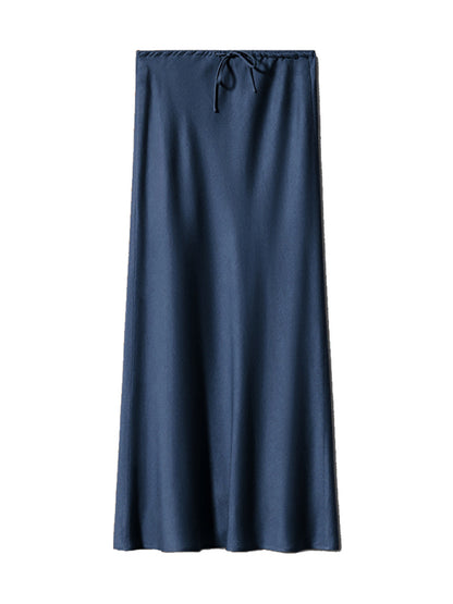 Satin Long Skirt High Waist Drawstring Tie Solid Color Halter Skirt