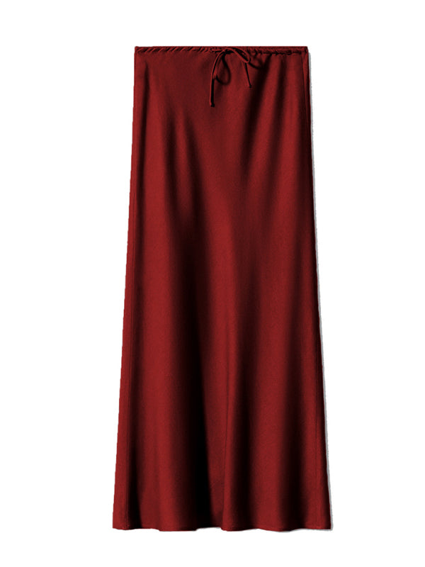 Satin Long Skirt High Waist Drawstring Tie Solid Color Halter Skirt