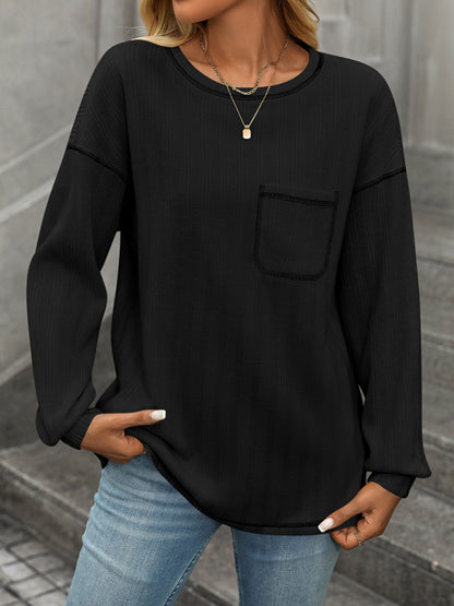 Women's ribbed brushed solid color round neck pocket casual loose T-shirt