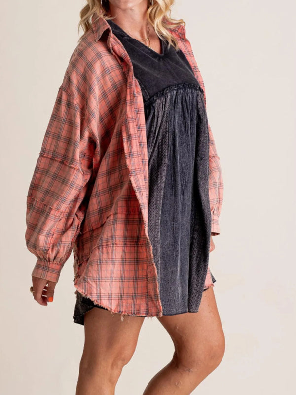 Raw Edge Lantern Sleeve Loose Button Plaid Shirt