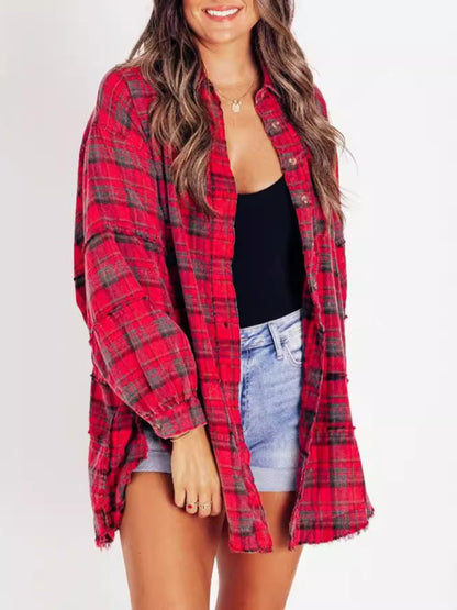 Raw Edge Lantern Sleeve Loose Button Plaid Shirt