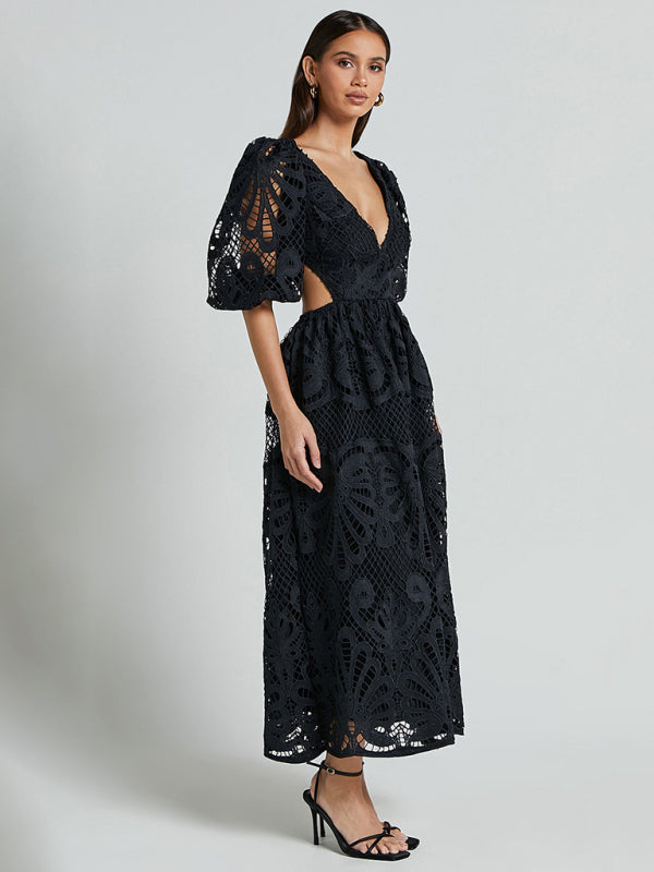 Women's Hollow V-neck Lace Embroidery Sexy Waist-baring Dress