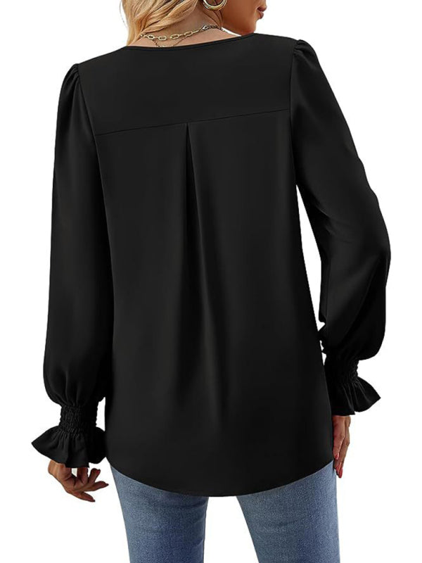 New solid color chiffon shirt V-neck pullover flared long-sleeved top shirt