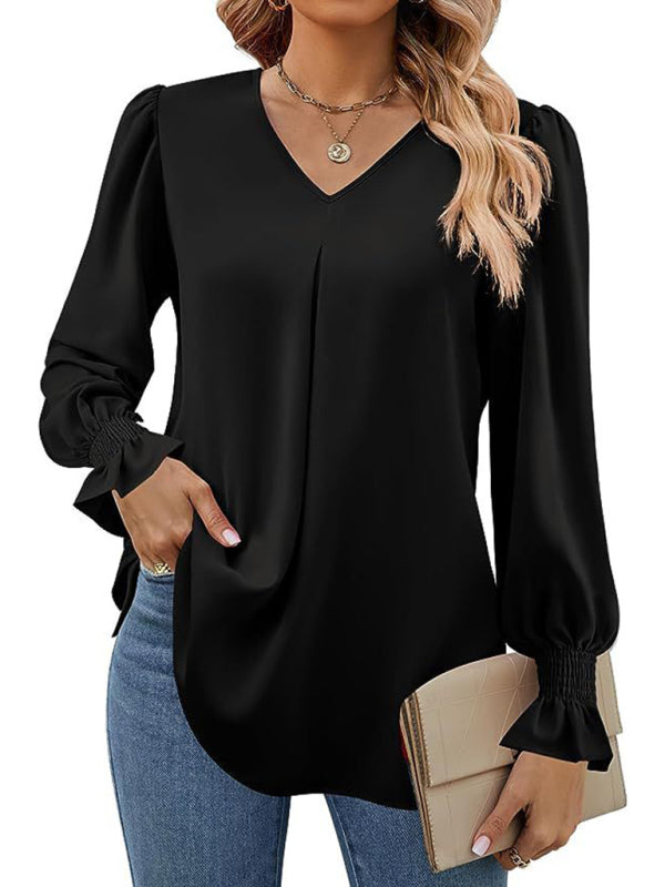 New solid color chiffon shirt V-neck pullover flared long-sleeved top shirt