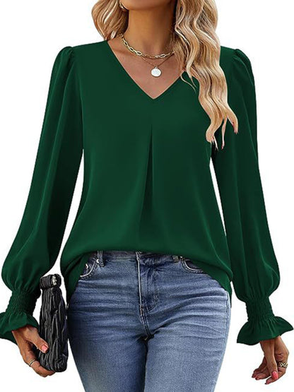 New solid color chiffon shirt V-neck pullover flared long-sleeved top shirt