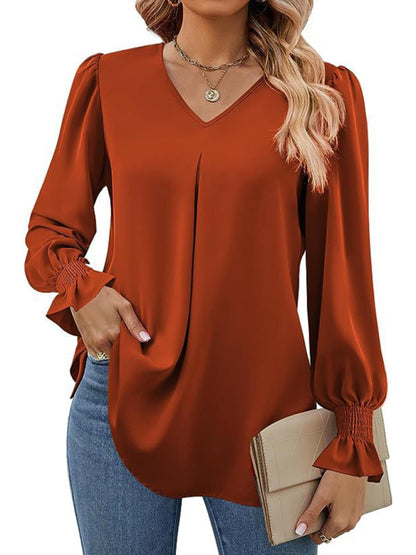 New solid color chiffon shirt V-neck pullover flared long-sleeved top shirt