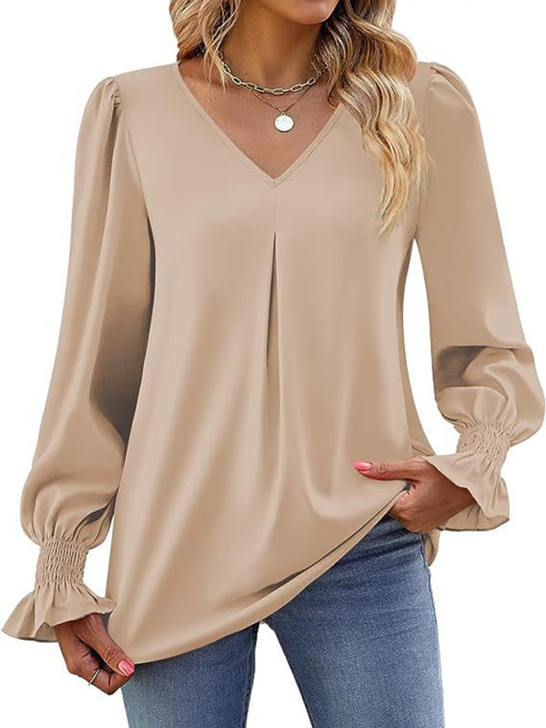 New solid color chiffon shirt V-neck pullover flared long-sleeved top shirt