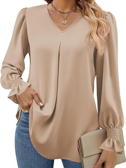 New solid color chiffon shirt V-neck pullover flared long-sleeved top shirt