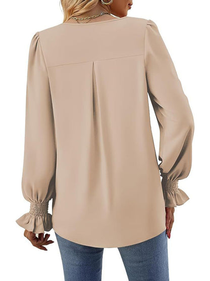 New solid color chiffon shirt V-neck pullover flared long-sleeved top shirt