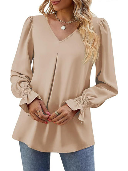 New solid color chiffon shirt V-neck pullover flared long-sleeved top shirt