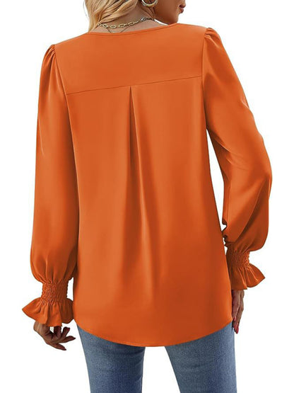 New solid color chiffon shirt V-neck pullover flared long-sleeved top shirt