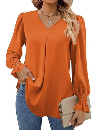 New solid color chiffon shirt V-neck pullover flared long-sleeved top shirt