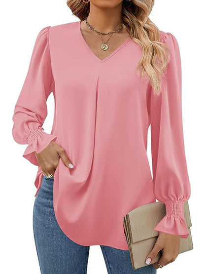 New solid color chiffon shirt V-neck pullover flared long-sleeved top shirt