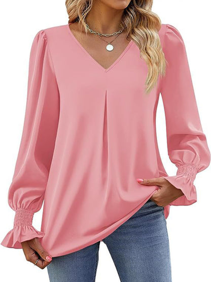 New solid color chiffon shirt V-neck pullover flared long-sleeved top shirt