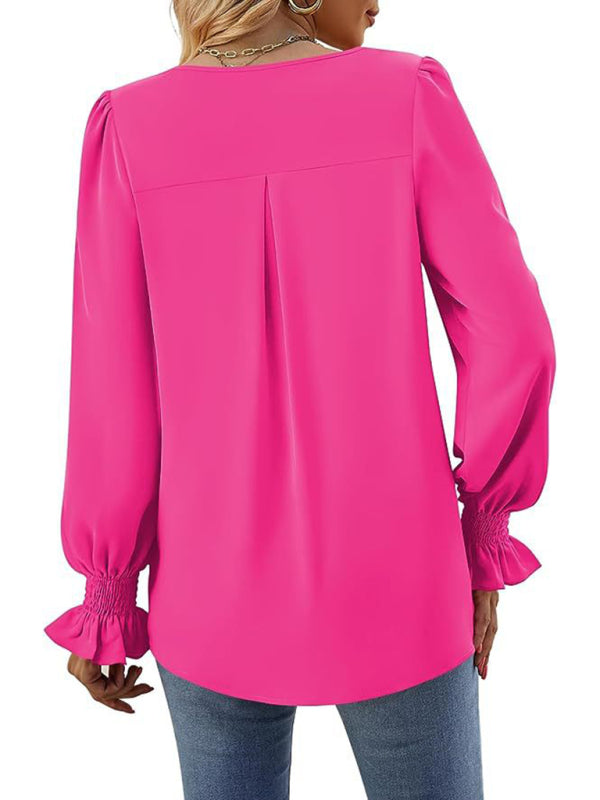 New solid color chiffon shirt V-neck pullover flared long-sleeved top shirt