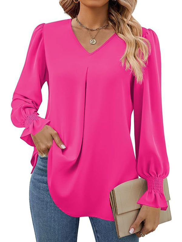 New solid color chiffon shirt V-neck pullover flared long-sleeved top shirt