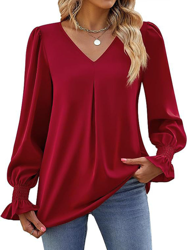 New solid color chiffon shirt V-neck pullover flared long-sleeved top shirt