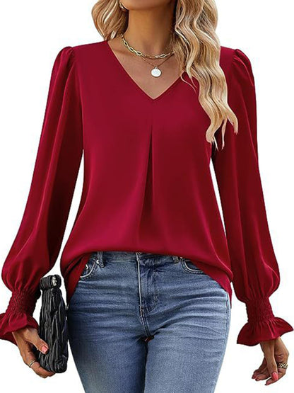 New solid color chiffon shirt V-neck pullover flared long-sleeved top shirt