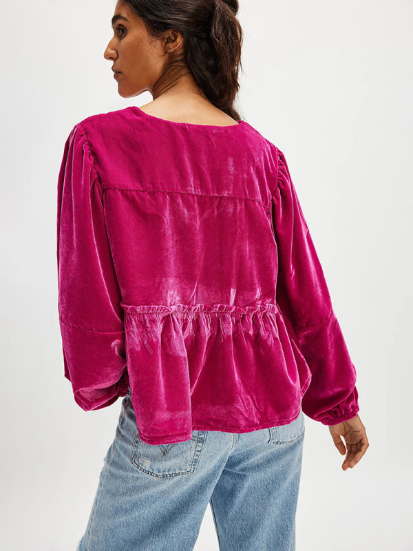 New women's sweet casual tie velvet shirt