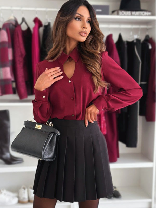 Long Sleeve Lapel Cutout Shirt Top