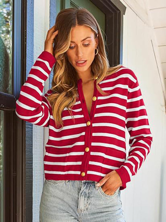 New round neck gold button cardigan sweater color striped knitted outerwear top