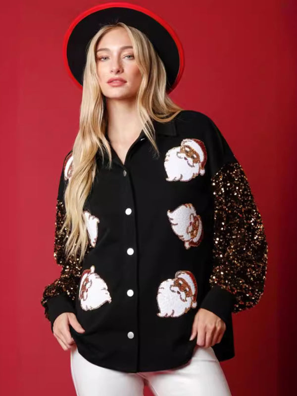 Christmas Women's Santa Claus Decoration Long Sleeve New Fleece Sweater Sequin Sleeve Jacket