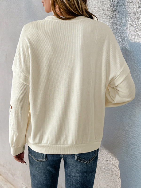 New round neck sweater casual long sleeve texture pullover embroidery stitching top