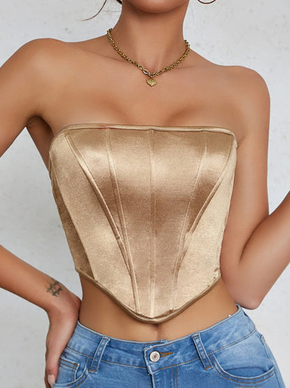 Glossy Sheath Diamond Neckless Backless Fishbone Corset Tank Top