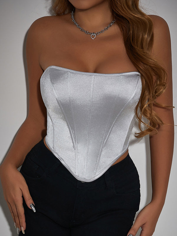 Glossy Sheath Diamond Neckless Backless Fishbone Corset Tank Top