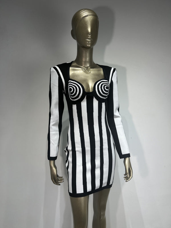 Black and White Vertical Striped Bandage Dress Party Dress