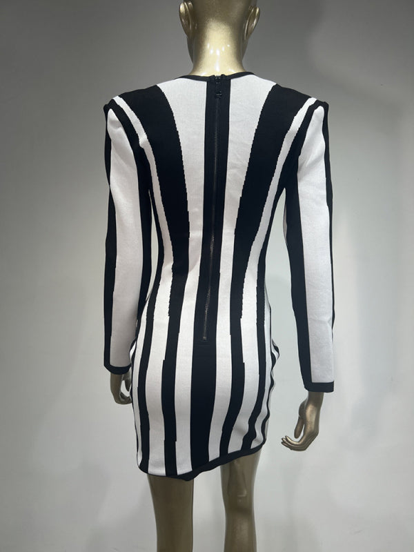 Black and White Vertical Striped Bandage Dress Party Dress