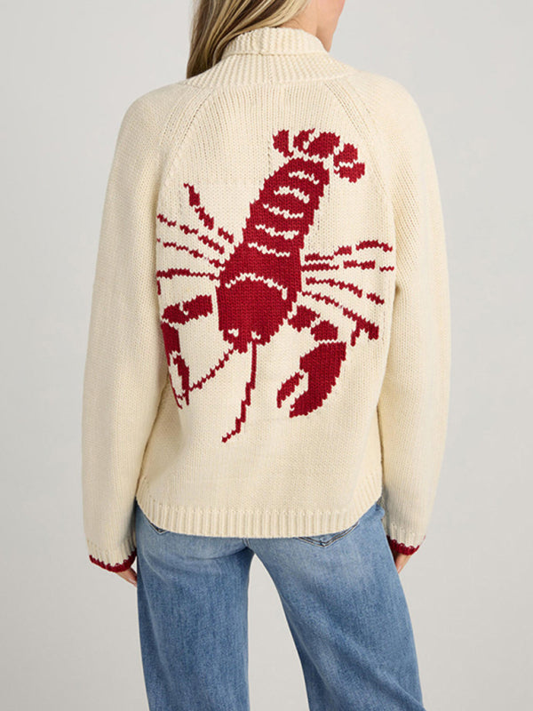 New Sweater Single-Breasted Long-Sleeved Lobster Print Knit Cardigan